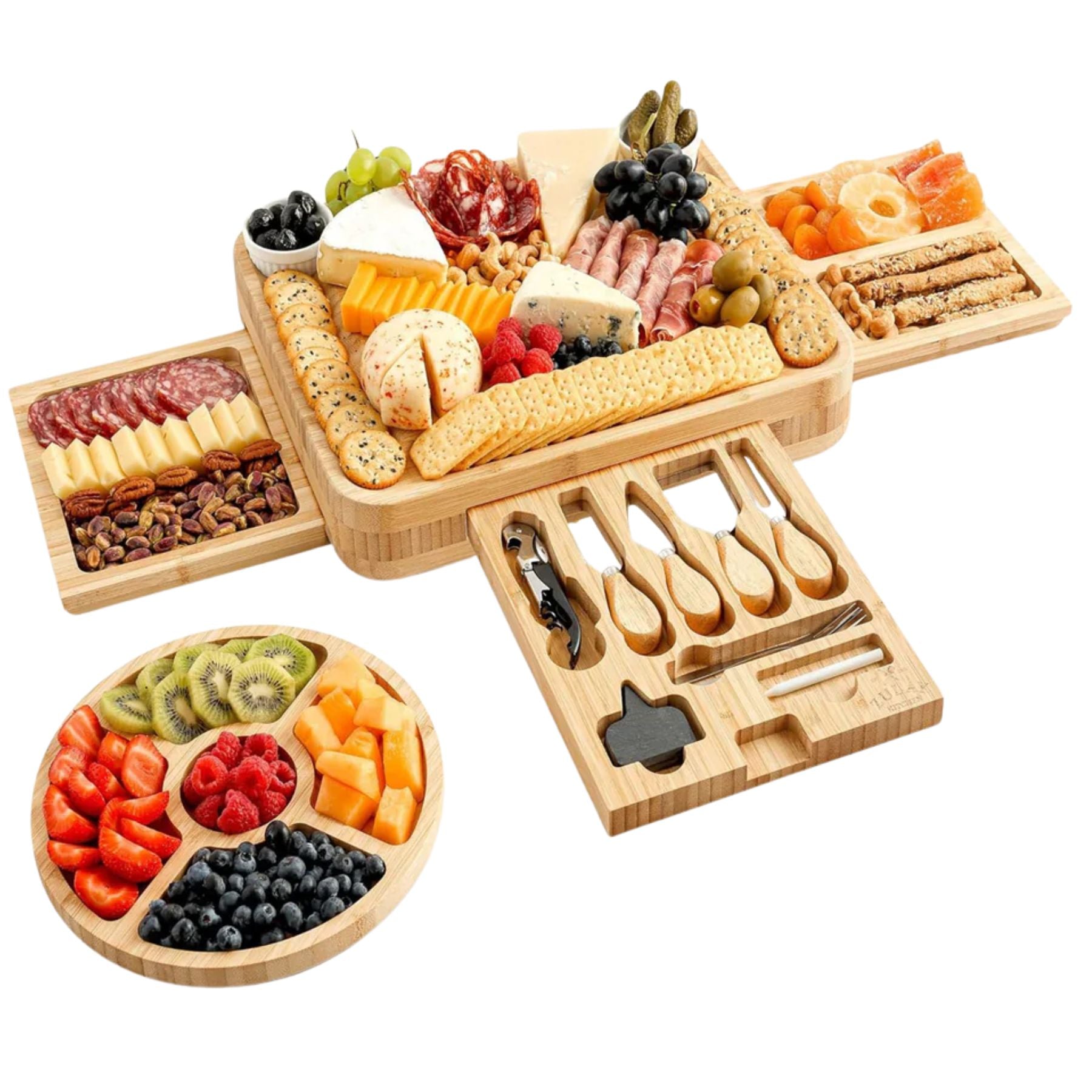 Bamboo Serving Board with Drawer, 4 Cheese Knives — Abbey Hub